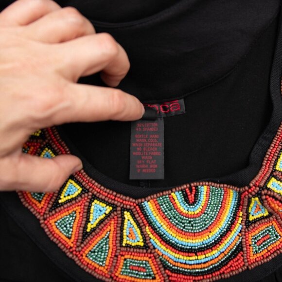 Mishca Beaded Maxi Dress S-M TALL Black Tribal Southwestern Boho Resort Cruise - Picture 6 of 6